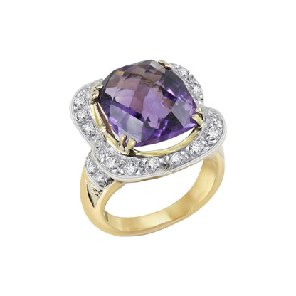 Cushion Shape Amethyst Two Tones Gold Ring