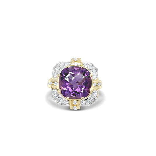 Round Cut Amethyst Two Tones Gold Ring