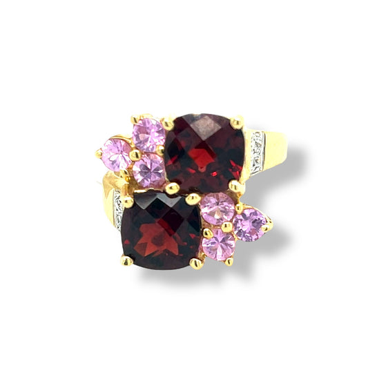 Garnet and Pink Sapphire Cushion-Cut Yellow Gold Ring