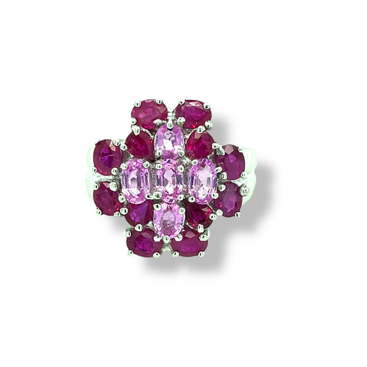 Ruby and Sapphire Cushion-Cut White Gold Ring