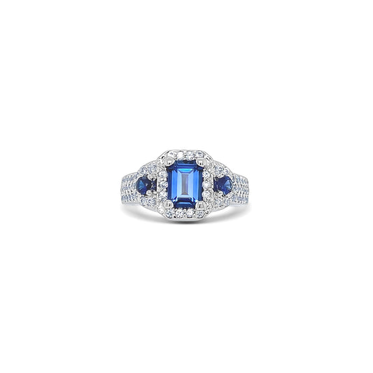 Blue Sapphire Emerald-Cut White Gold Ring