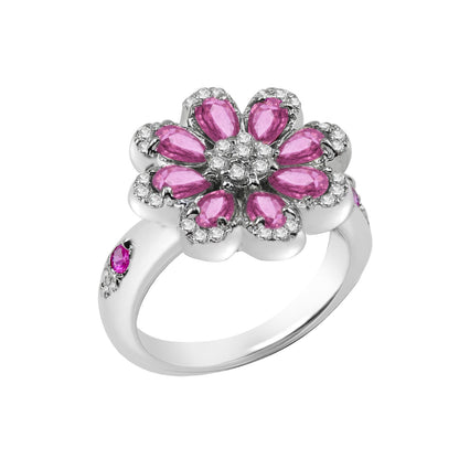 Floral-Design Pink Pear-Cut White Birthstone Ring