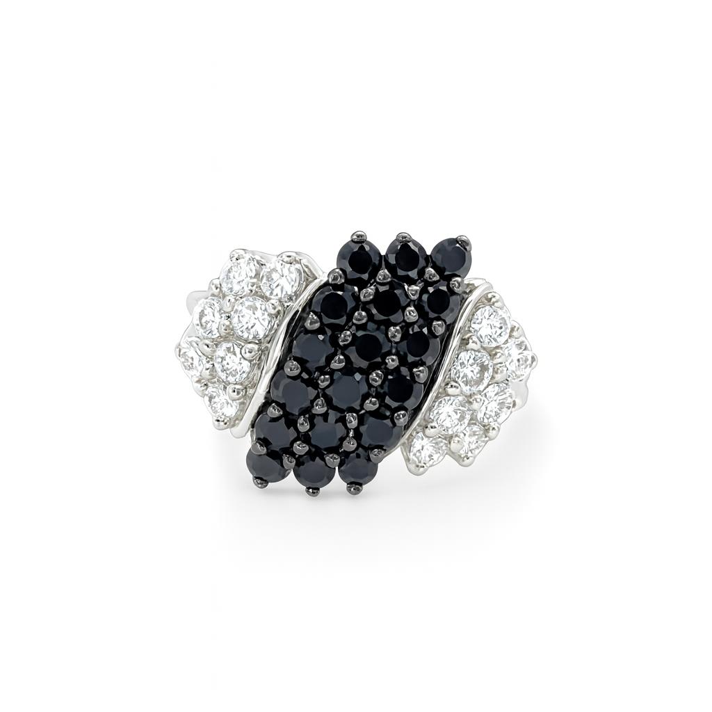 Black and White Round-Cut Gemstones White Gold Ring