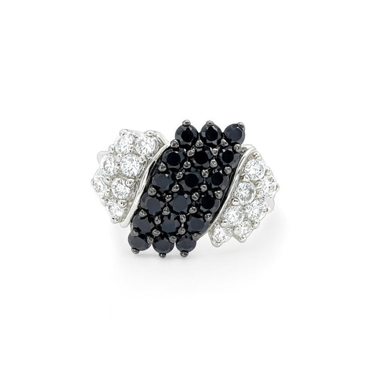 Black and White Round-Cut Gemstones White Gold Ring