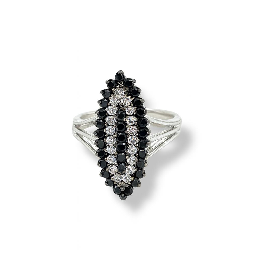 White and Black Round-Cut Gemstones White Gold Ring