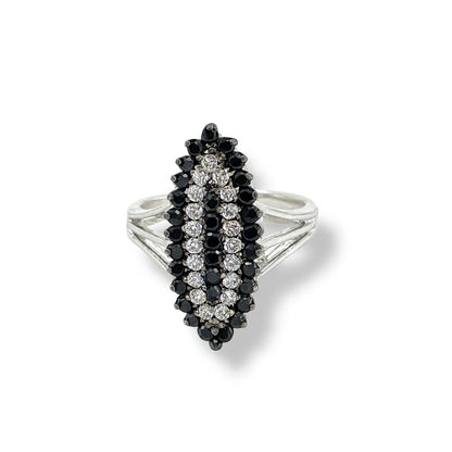 White and Black Round-Cut Gemstones White Gold Ring