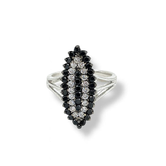 White and Black Round-Cut Gemstones White Gold Ring