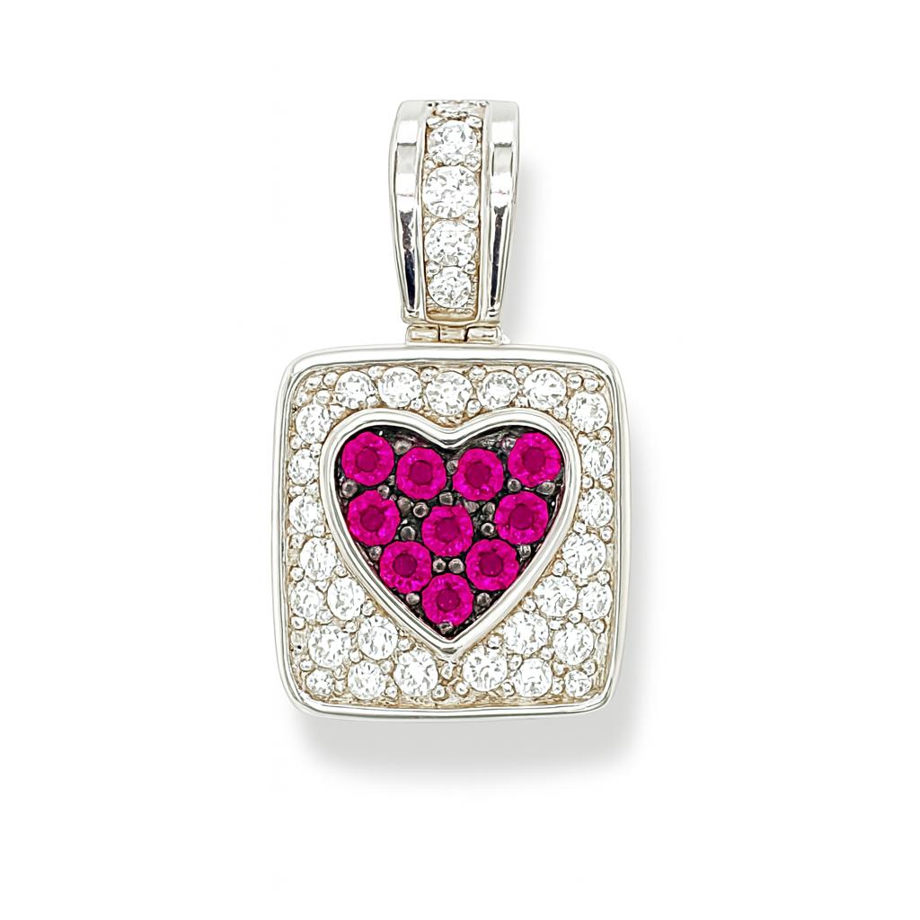 Diamond & Ruby Heart-Style Round-Cut Gold Pendant