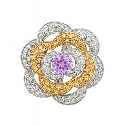 Floral-Design Round Cut Gemstones Two Tone Gold