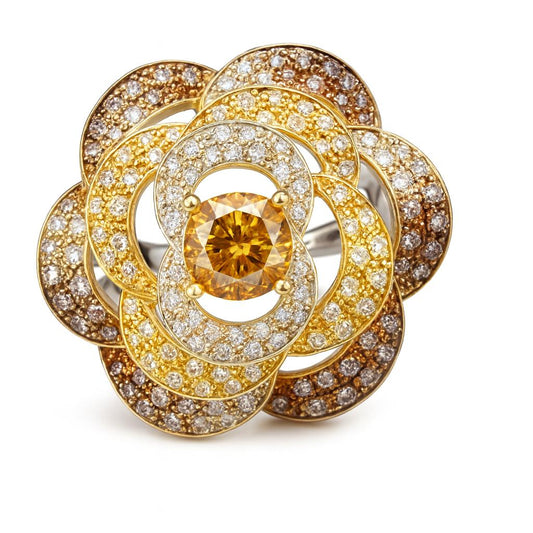 Floral-Design Round-Cut Gemstones White Gold Ring