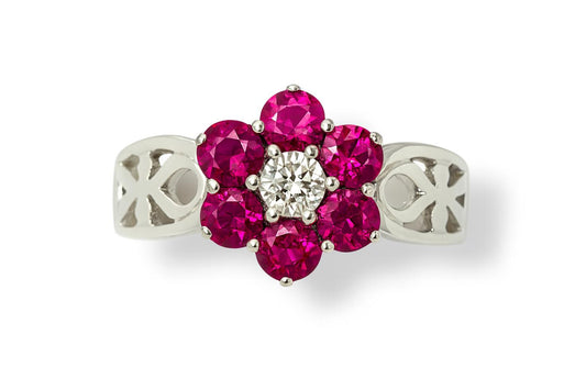 Floral-Style Round-Cut Gemstones White Gold Ring