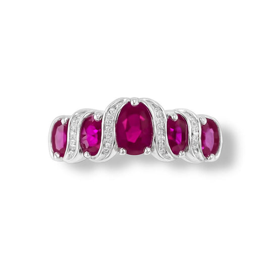 Five-Stone Synthetic Ruby Oval-Cut White Gold Ring