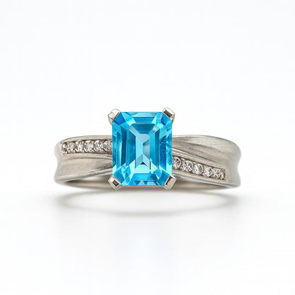Blue Topaz Emerald-Cut  Birthstone Gold Ring