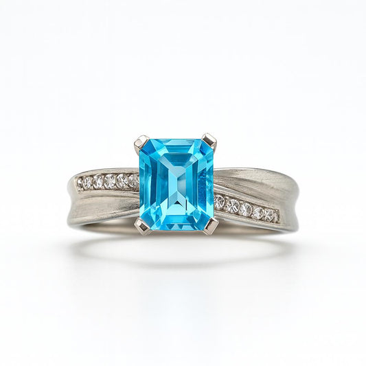 Blue Topaz Emerald-Cut  Birthstone Gold Ring