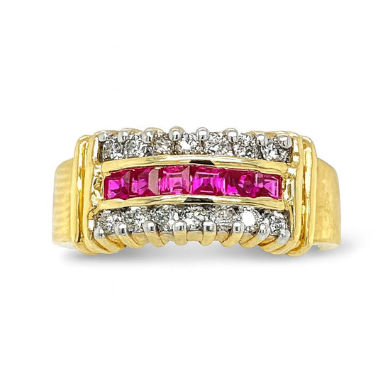 Square-Cut Rubies Gemstones Yellow Gold Ring