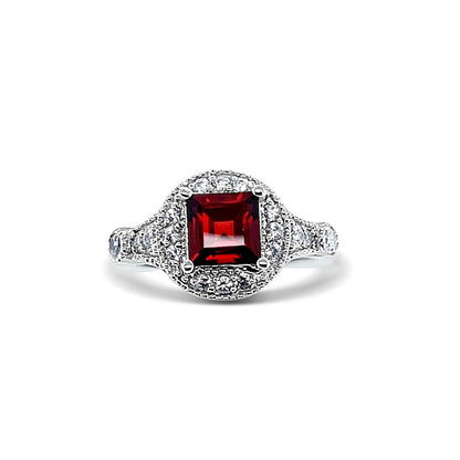 Garnet Halo Birthstone Gold Ring