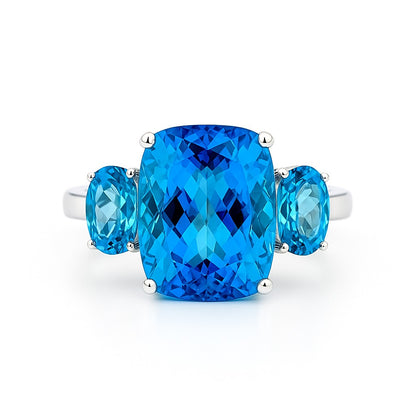 Blue Topaz Trio Cushion-Cut White Gold Ring