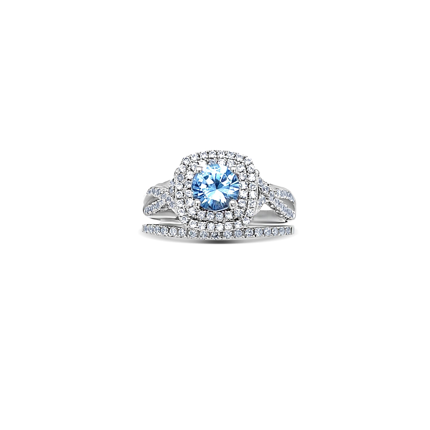 Aquamarine Round Cut Engagement Set Gold Ring