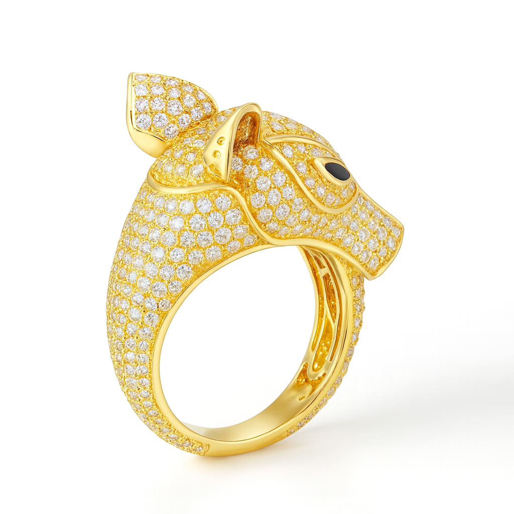 Deer-Style Round-Cut Gemstones Yellow Gold Ring