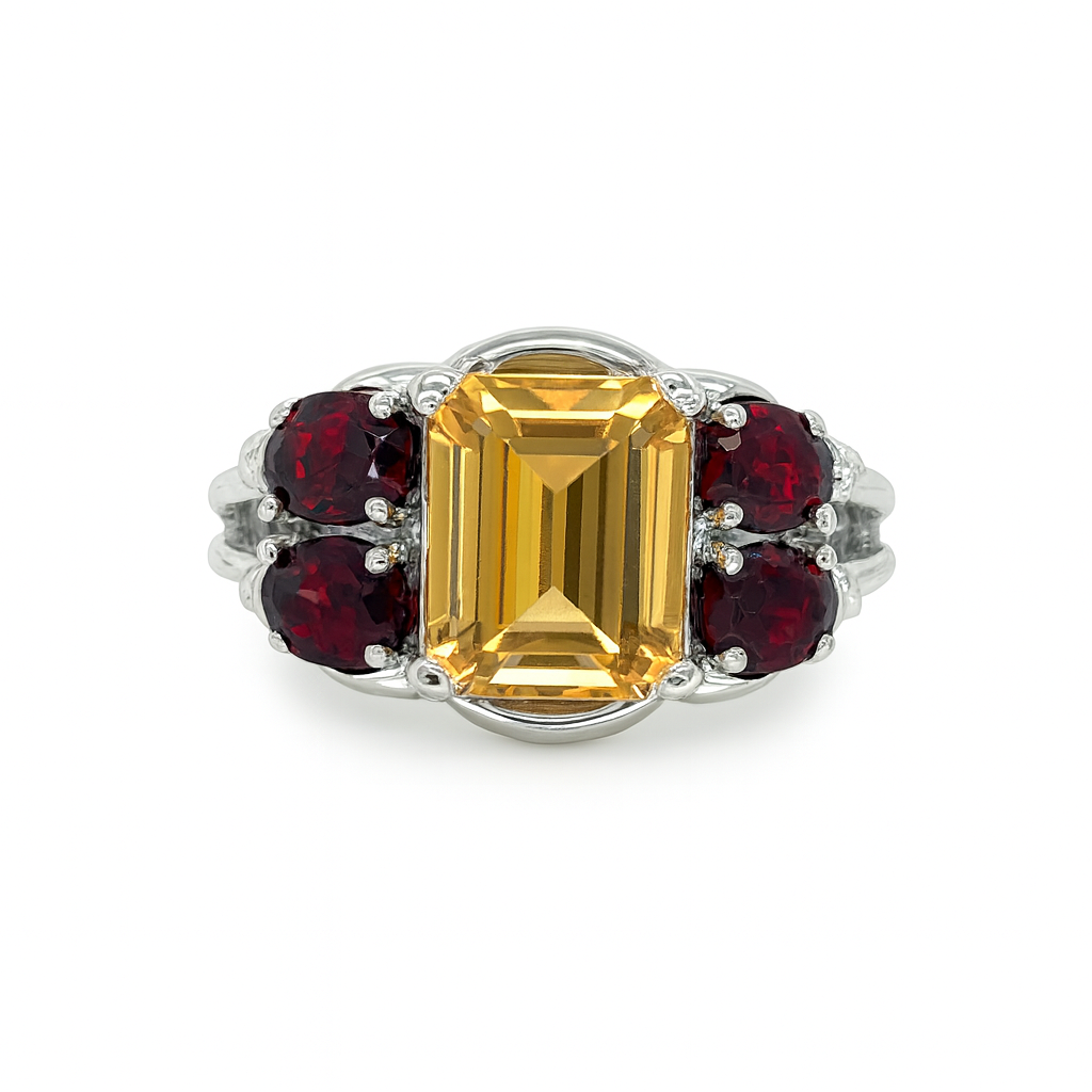 Yellow Topaz Emerald-Cut Yellow and Garnet Birthstone Gold Ring