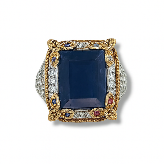 Blue Emerald-Cut Birthstone Gold Ring