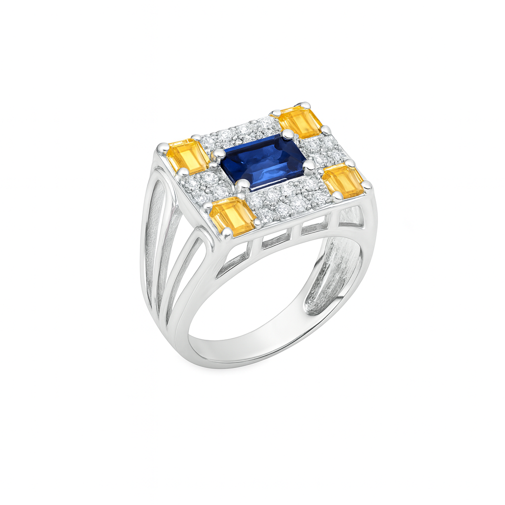Blue and Yellow Emerald-Cut White Gold Ring