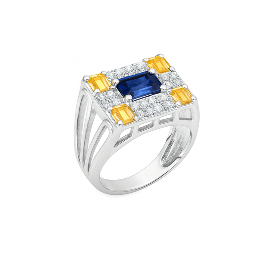Blue and Yellow Emerald-Cut White Gold Ring