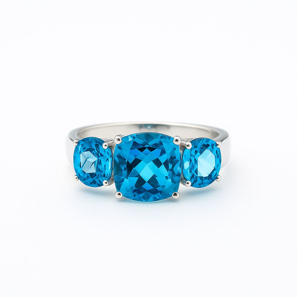 Blue Topaz Trio Cushion-Cut White Gold Ring