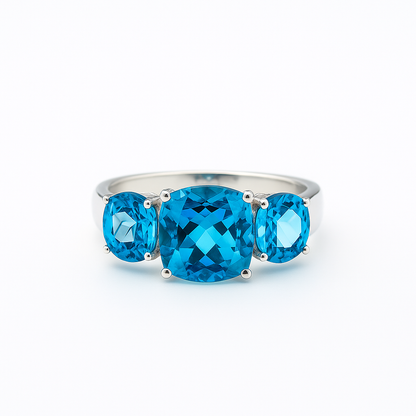 Blue Topaz Trio Cushion-Cut White Gold Ring