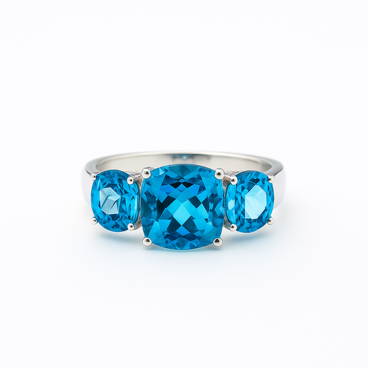 Blue Topaz Trio Cushion-Cut White Gold Ring