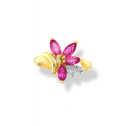 Floral-Design Pink Marquise-Cut Birthstone Ring