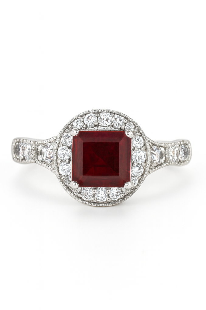 Square-Cut Red Gemstone White Gold