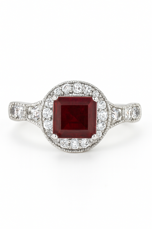 Square-Cut Red Gemstone White Gold
