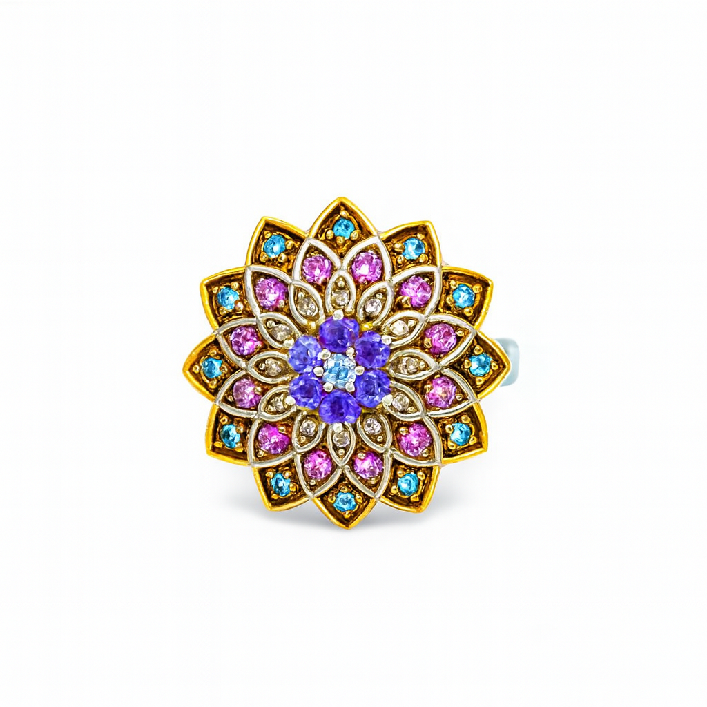 Mandala-Style Round-Cut Gemstones White Gold Ring