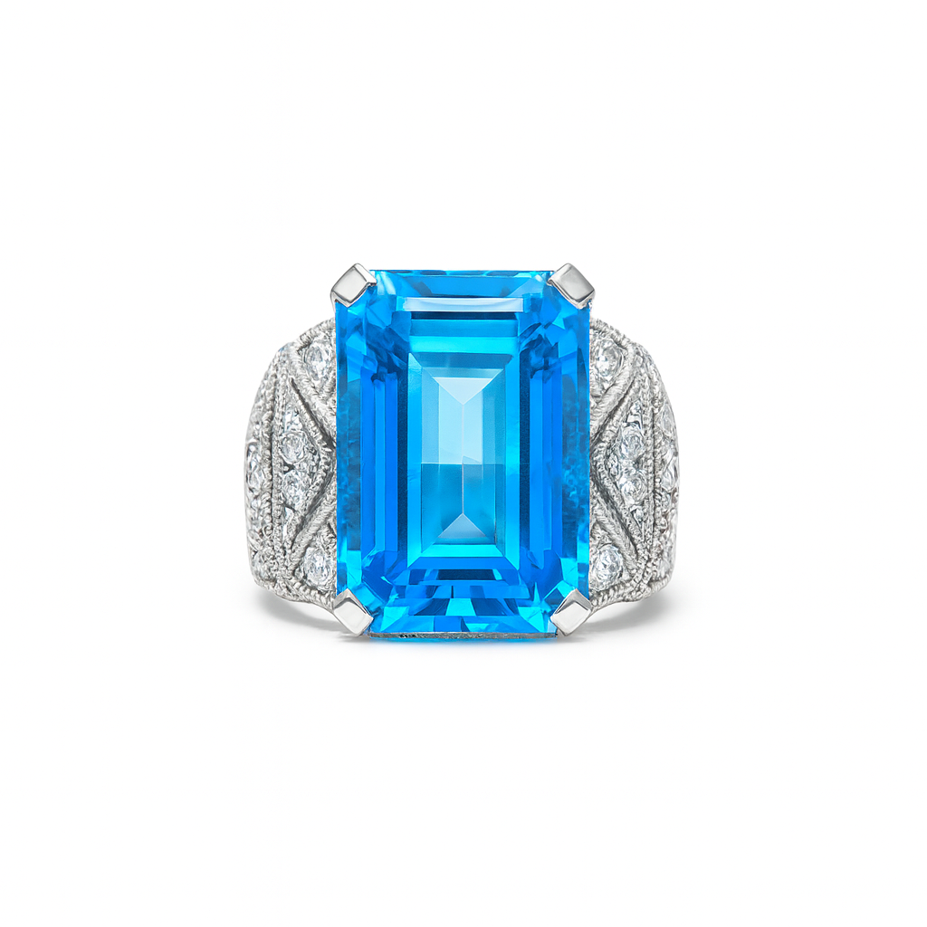 Blue Topaz Emerald-Cut Birthstone Gold Ring
