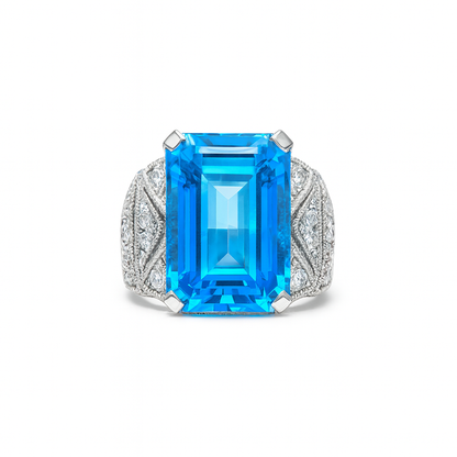 Blue Topaz Emerald-Cut Birthstone Gold Ring