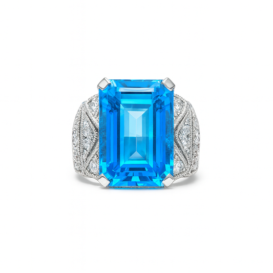 Blue Topaz Emerald-Cut Birthstone Gold Ring