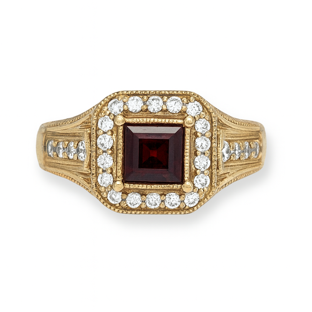 Square-Cut Red Gemstone Yellow Gold Ring