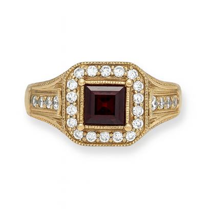 Square-Cut Red Gemstone Yellow Gold Ring