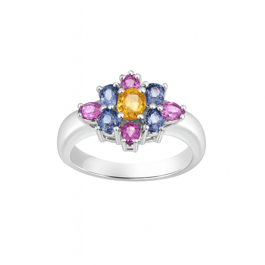 Multicolor Floral-Cut White Gold Ring